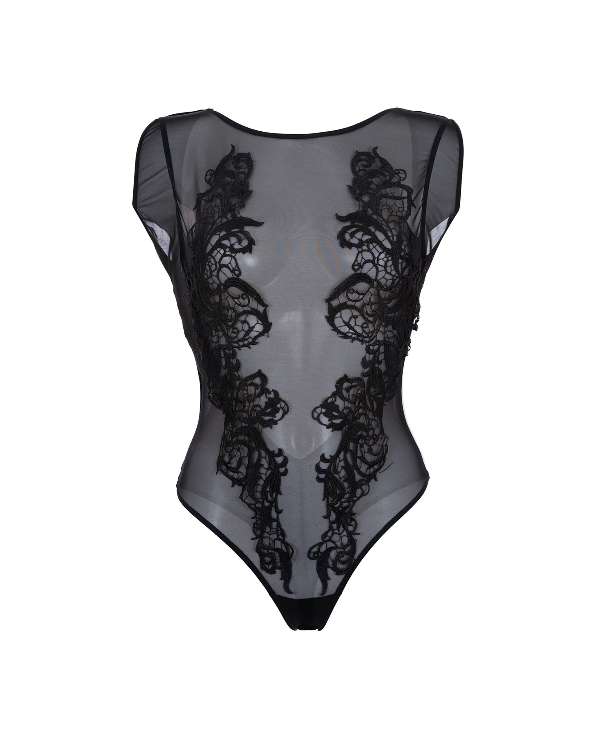  Etienne Embroidered Sheer Bodysuit Black