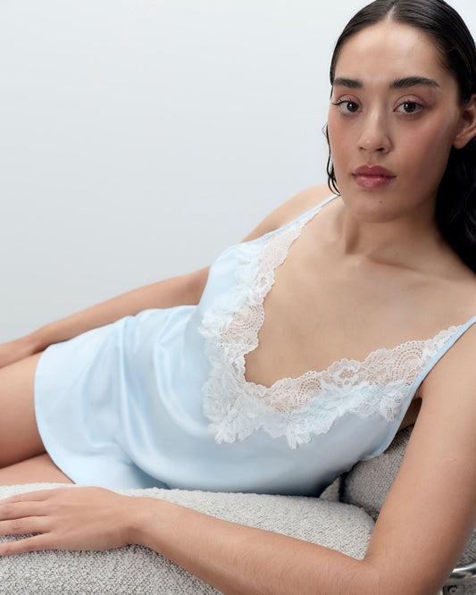  Isabella Luxury Satin Short Chemise Ice Water Blue/White