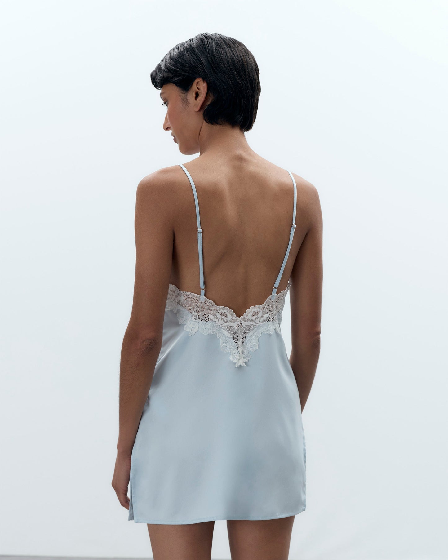  Isabella Luxury Satin Short Chemise Ice Water Blue/White