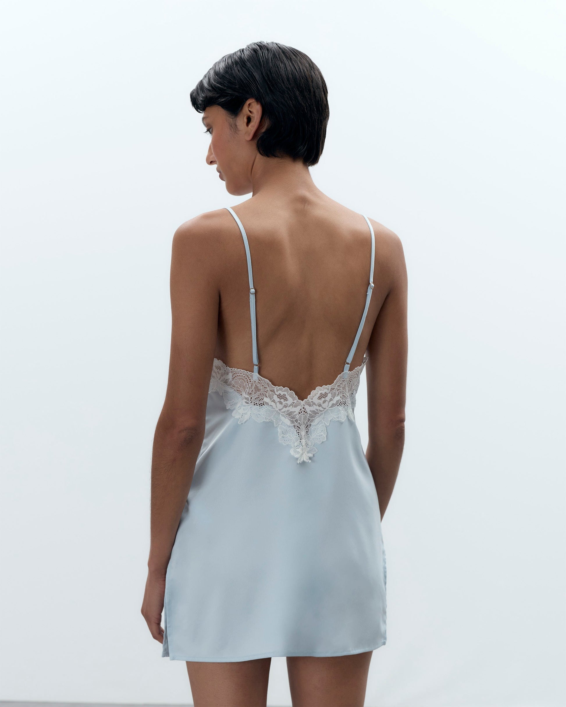  Isabella Luxury Satin Short Chemise Ice Water Blue/White