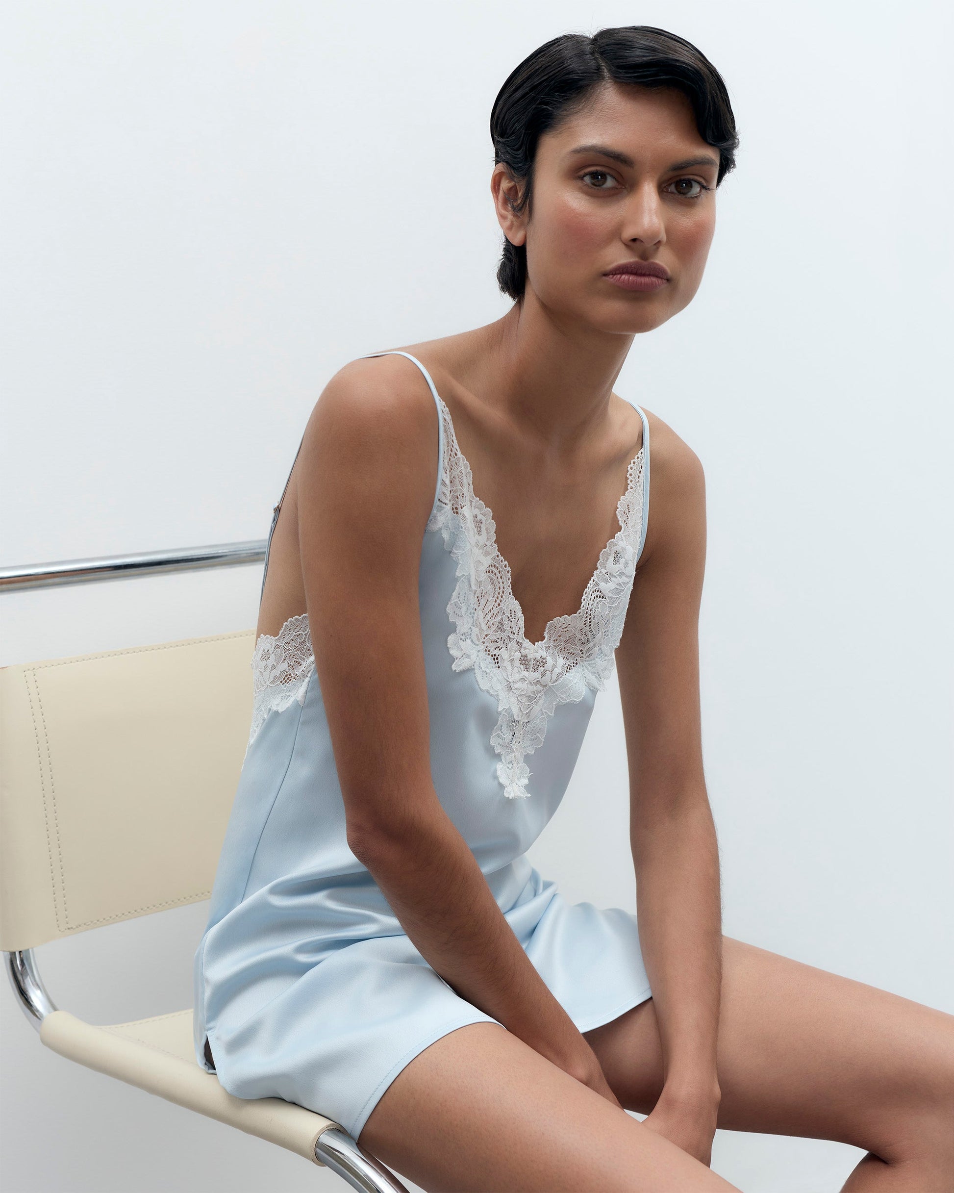  Isabella Luxury Satin Short Chemise Ice Water Blue/White