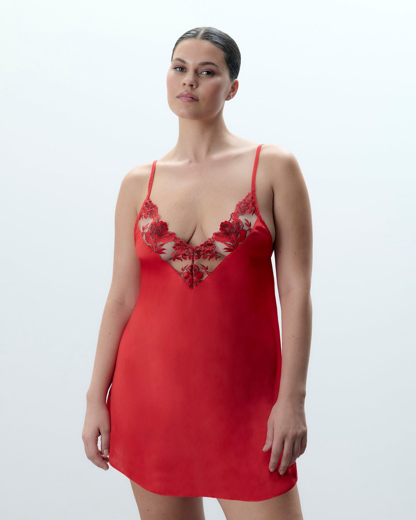  Lavanya Satin Embroidered Chemise Red